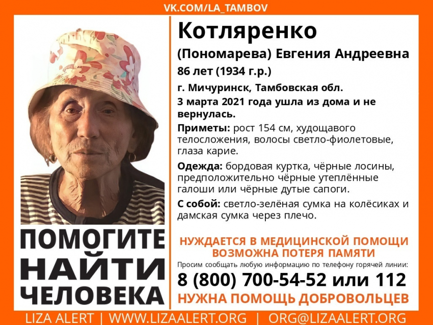 В Мичуринске ищут пропавшую 86-летнюю женщину с возможной потерей памяти
